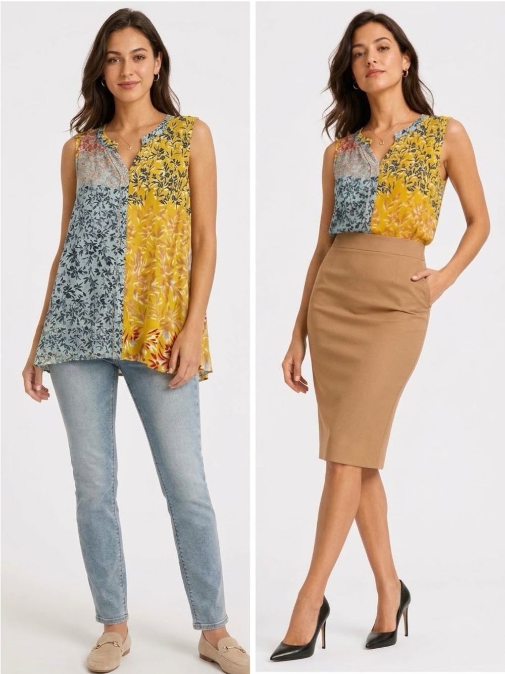 CAbi “Golden Glow” Yellow and Mint Floral Split-Panel Sleeveless Top (N)